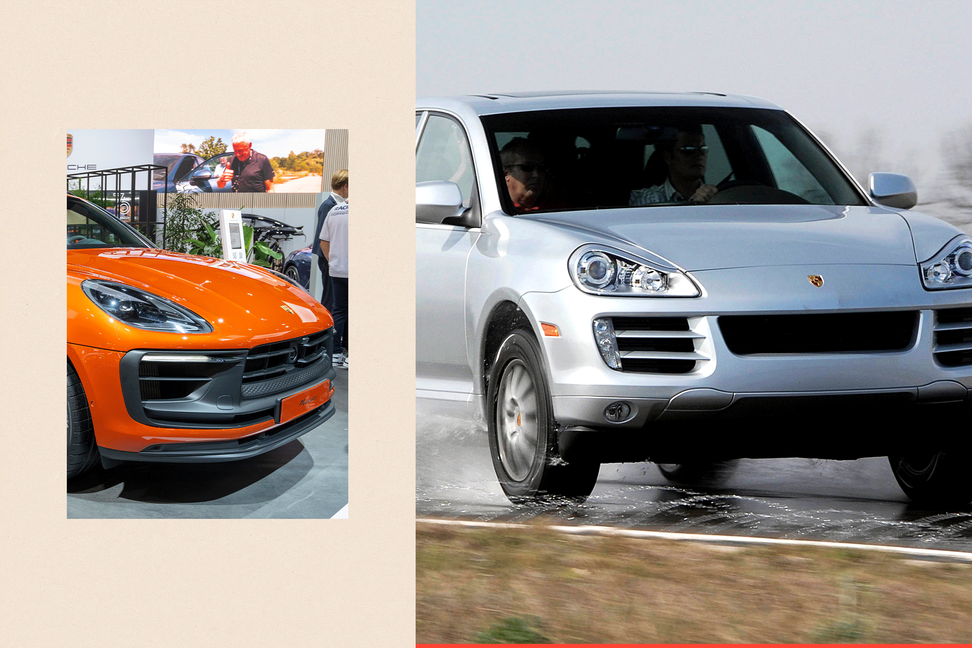 On the left a Porsche Macan compact performance crossover SUV and on the right is a 2008 Porsche Cayenne Turbo 


