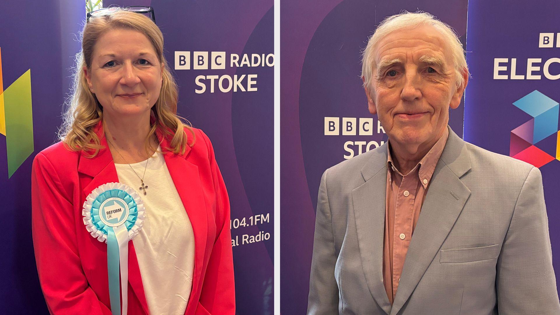 Emma Guy and Brian Silvester standing in front of BBC banners at the debate