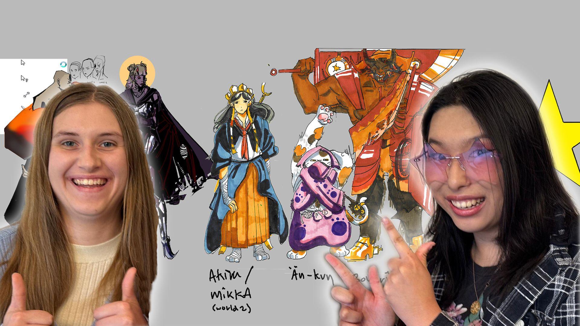 Emily and Isabelle superimposed over a picture of their game design.