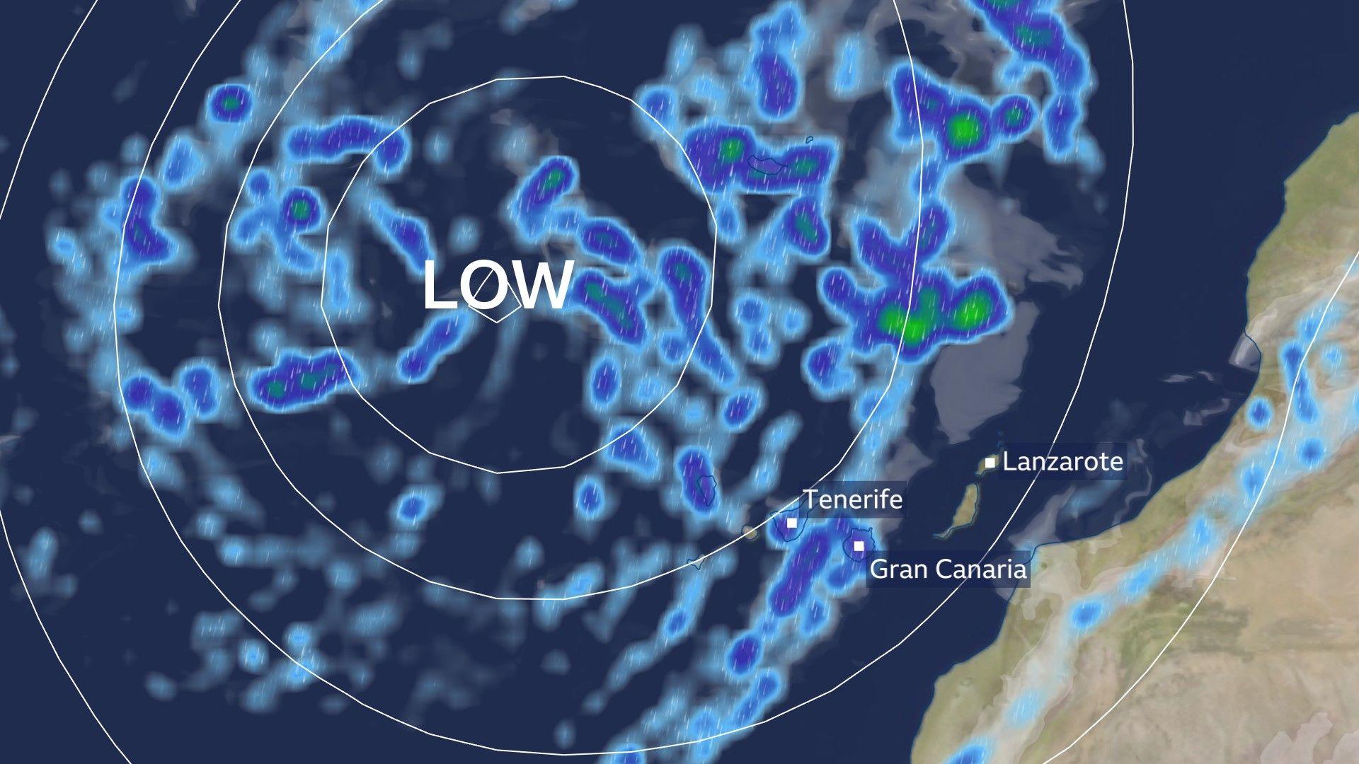 A weather chart showing low pressure north-west of the Canary Islands with areas of rain moving across Tenerife and Gran Canaria