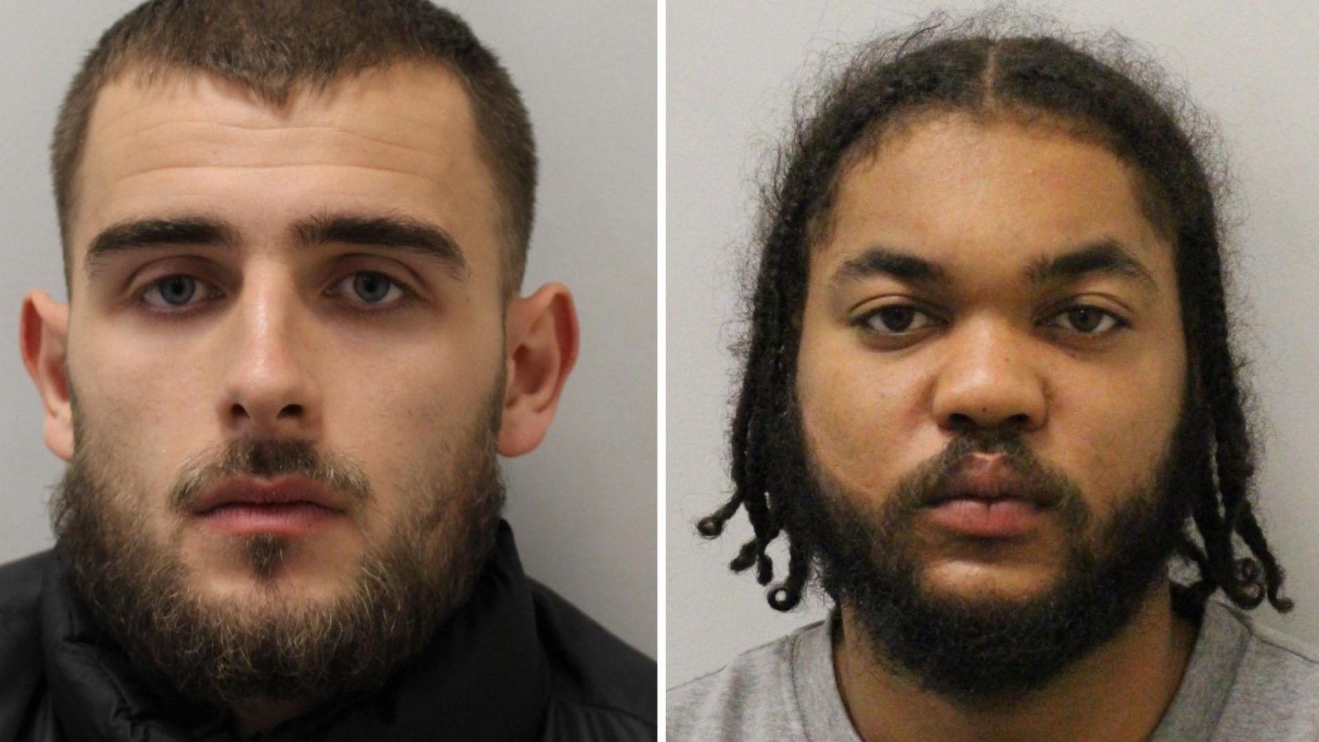 A composite image of Lorik Lupqi and Jason Furtado's police mugshots. Lupqi, on the left, wears a dark top and has dark thick straight eyebrows, a widow's peak, a short moustache and beard. Furtado, on the right, wears a grey marl top and has a short moustache and beard, pointed thick eyebrows, and jaw-length braids with a centre parting.
