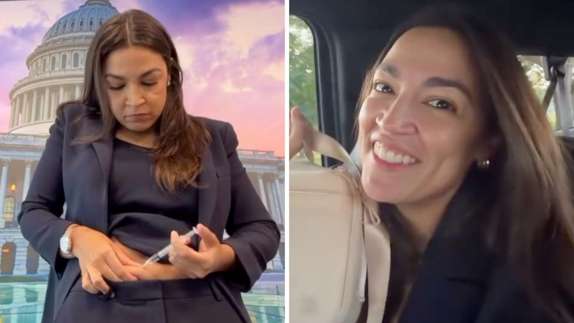 A split screen image shows a woman wearing a blue suit injecting herself in her abdomen and the same woman smiling on the right. 