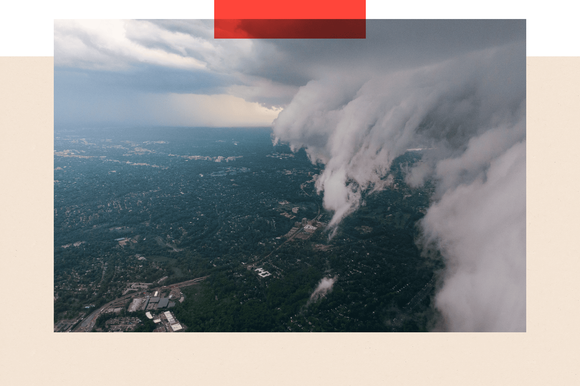 An aerial view showing severe thunderstorms moving through the Washington, D.C. metropolitan area