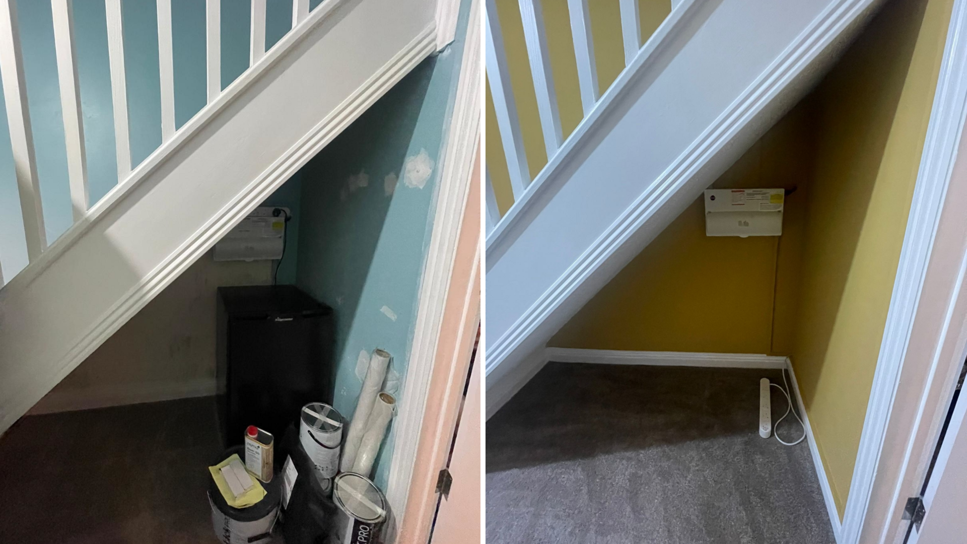 A before and after photo of a corner under the stairs. In the before photo, the wall is light blue with several cans of paint. In the after photo, the wall is yellow and the cans of paint are gone.