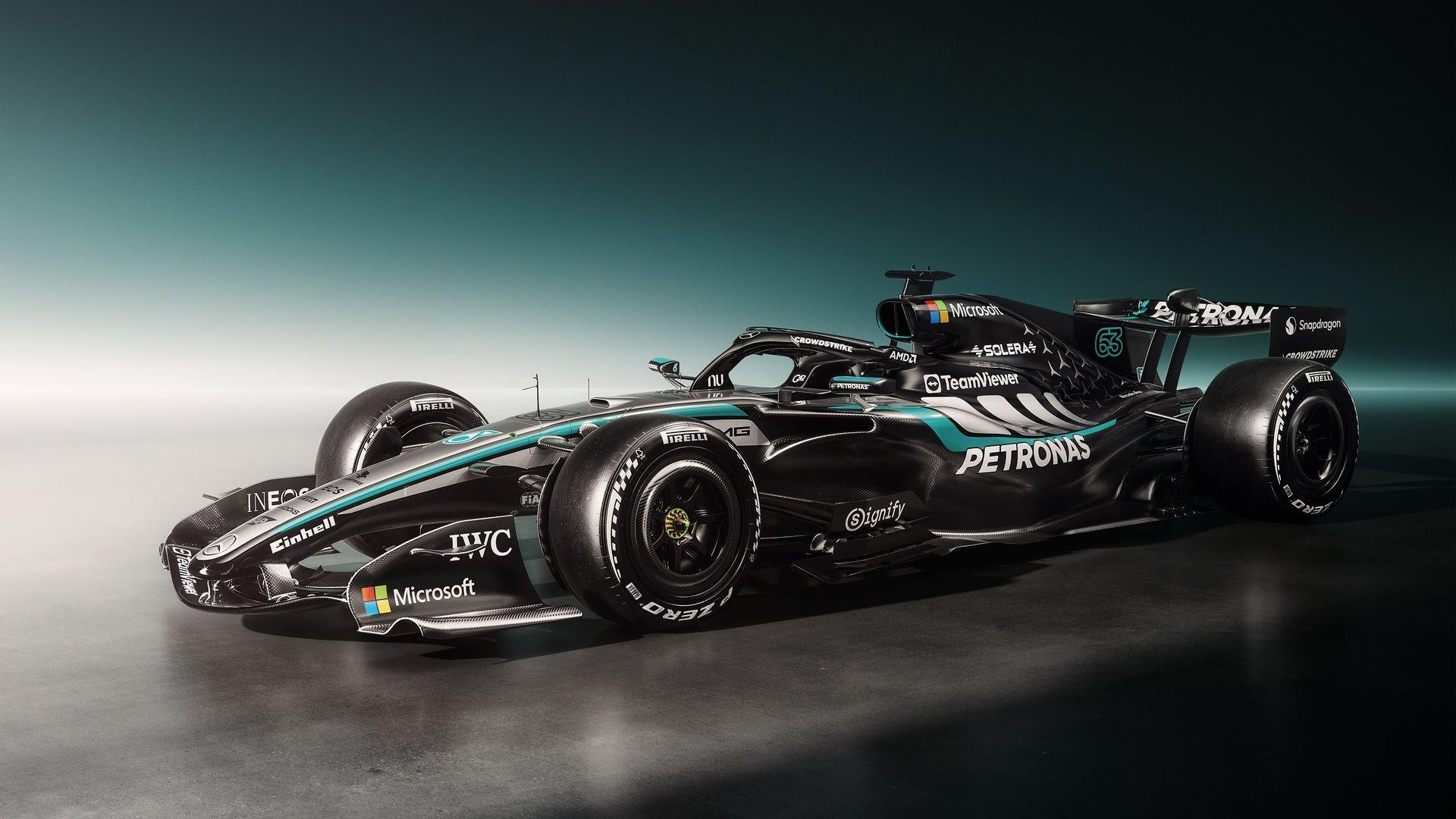 A side view graphic image of the 2026 Mercedes F1 car