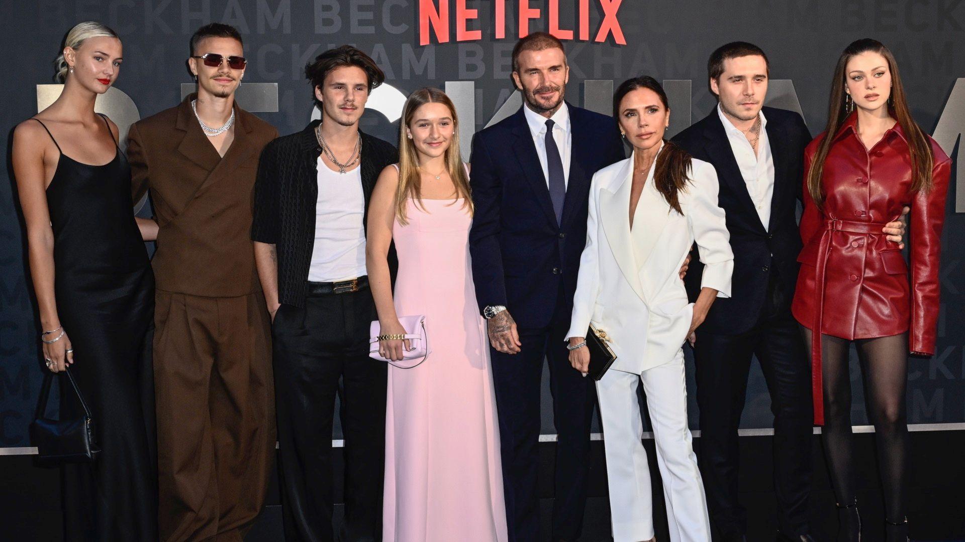 David and Victoria Beckham with their children, and their partners, at a Netflix red carpet event.
