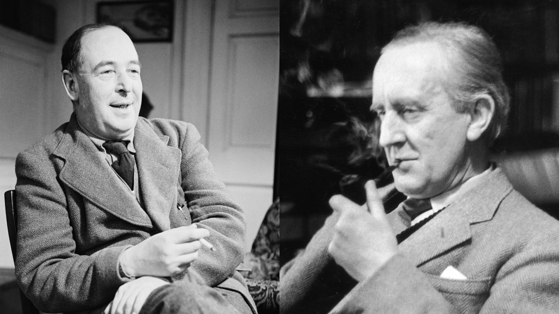 Two black and white photos of Lewis wearing a wool coat and a thick tie. He has thin, dark hair and is clean shaven and also holding a cigarette. Tolkien is pictured smoking a pipe wearing a tweed suit with slicked back hair. 