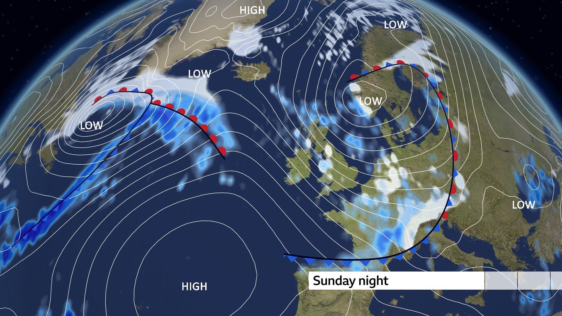 A pressure chart depicts high pressure to the south-west of the UK and low pressure to the north-east with tight isobars and wintry showers 