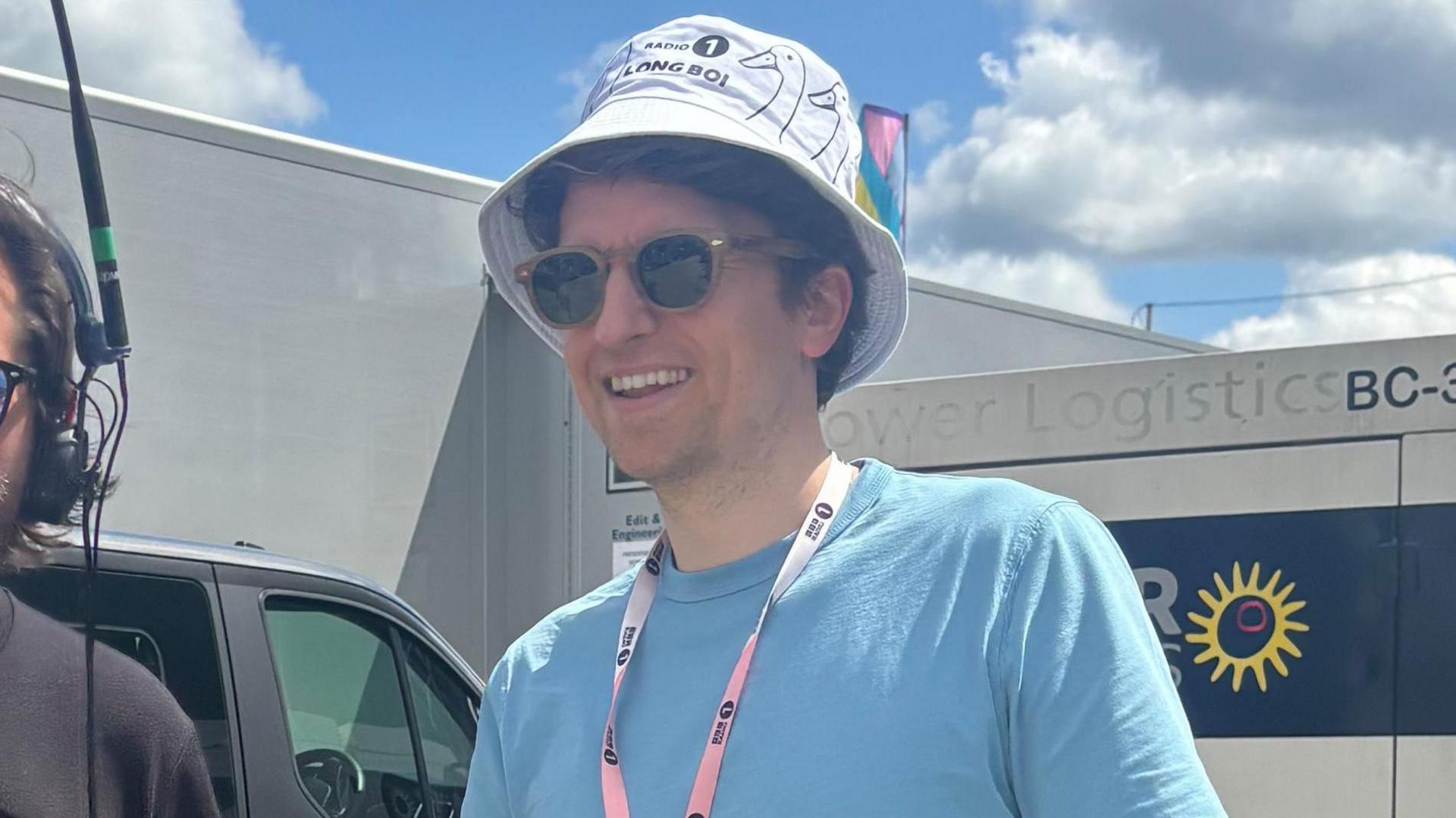 Greg James at Big Weekend wearing a Long Boy hat