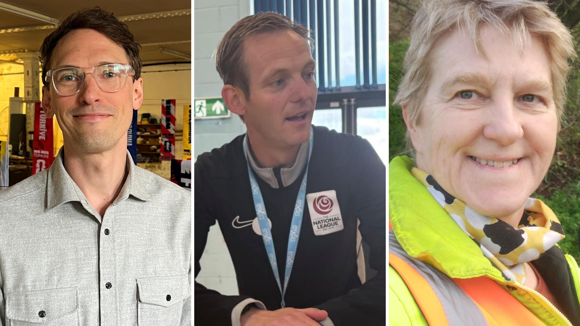 Three side-by-side images; on the left, a brown-haired man with a grey shirt and clear rimmed glasses smiles. in the middle, a man with light blonde hair and referee uniform looks to the side. On the right, an older woman with short blonde hair wearing a fluorescent yellow coat smiles in a selfie-style image.