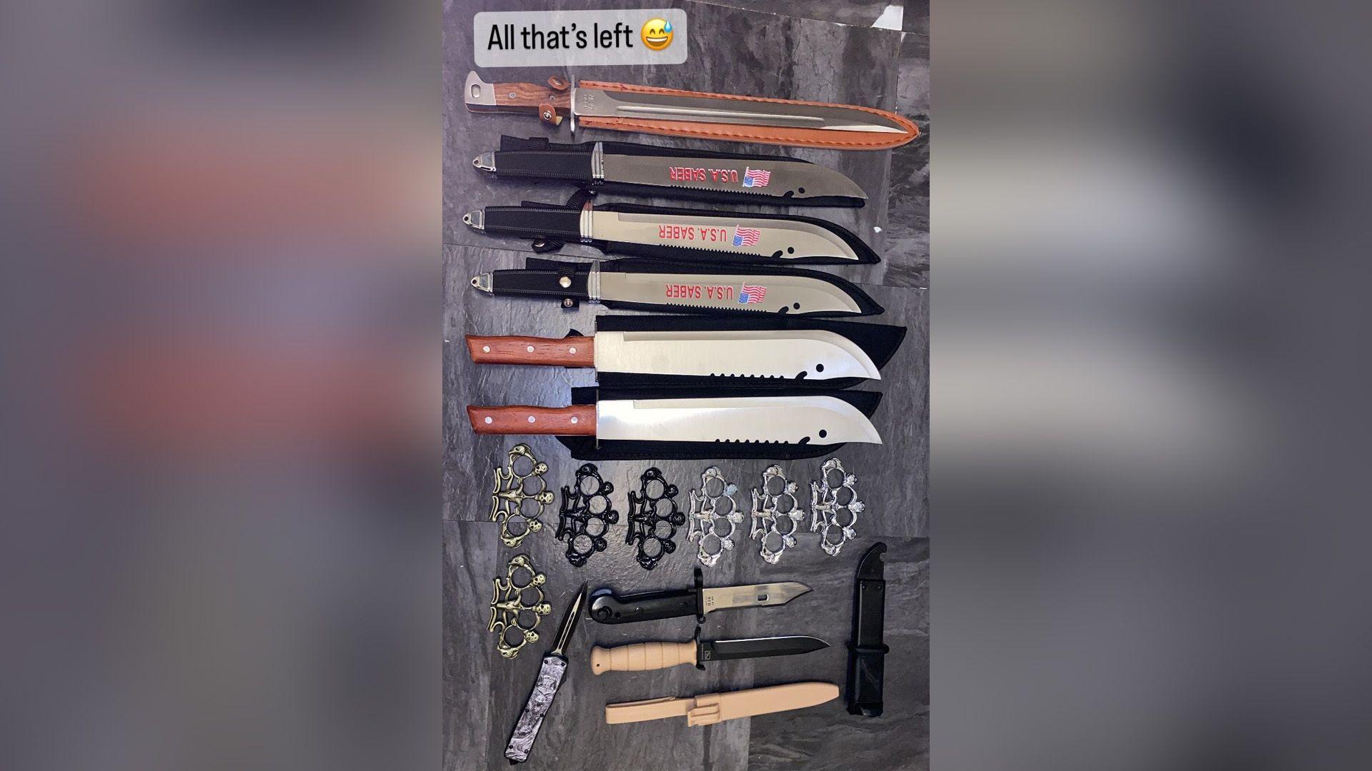 A screengrab from Petrescu's social media page offering a range of knives for sale including serrated machetes - now likely classed as "zombie-style knives" - as well as shorter knives and knuckledusters, with a message saying "All that's left" with a smiley emoticon. 