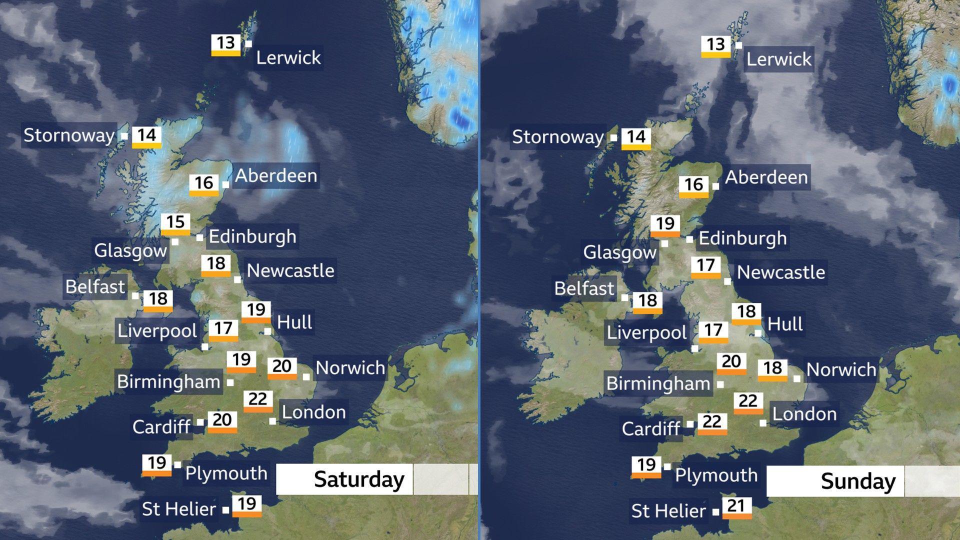 Two weather maps - one for Saturday, with temperatures ranging from 13C in Lerwick to 22C in London, and one for Sunday, with temperatures ranging from 13C in Lerwick to 22C in Cardiff and London