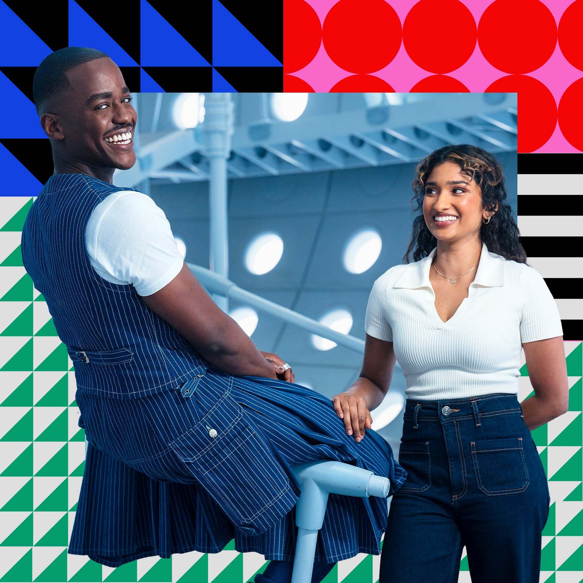 A picture of the Doctor Who stars against a graphicised colourful background