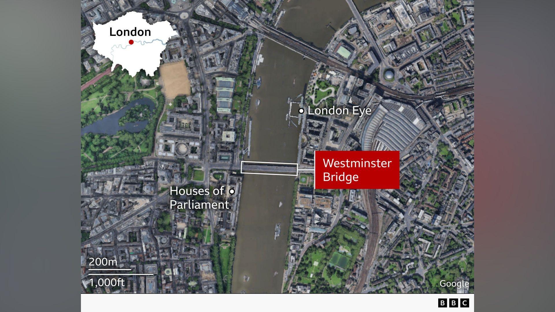 Annotated satellite map of central London showing the location of Westminster Bridge on the River Thames. The bridge is highlighted between the Houses of Parliament on the west bank and the area around Waterloo Station and the London Eye on the east bank. An inset map of Greater London marks the location within the capital.
