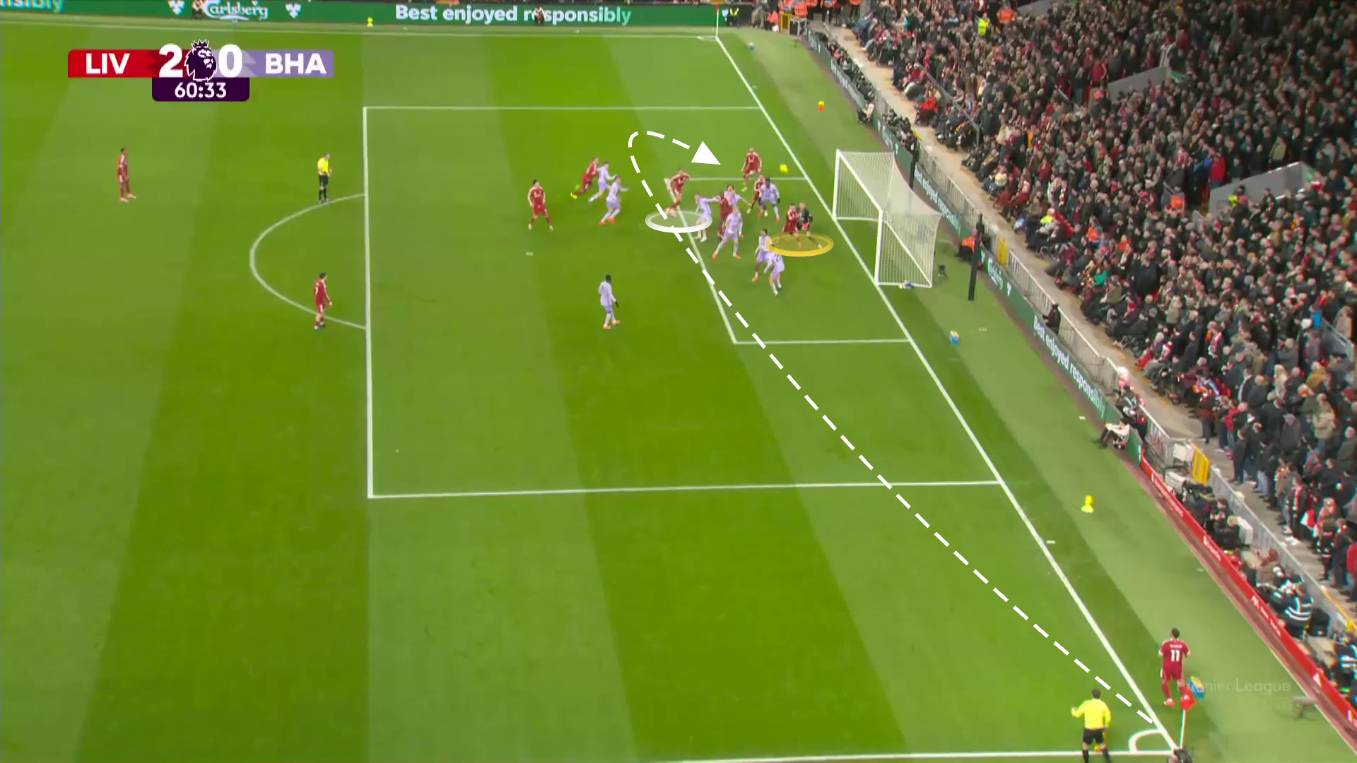 Screengrab showing Salah's in-swinging cross assist for Ekitike's header against Brighton this season