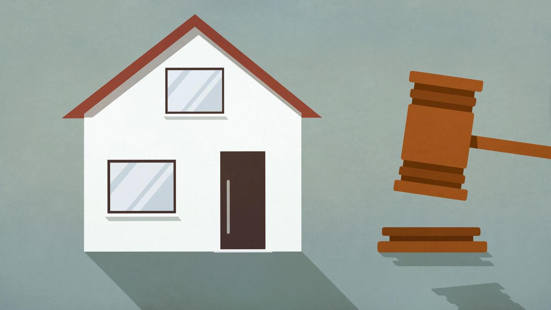 A cartoon image of a white house and a gavel, against a teal/grey background.