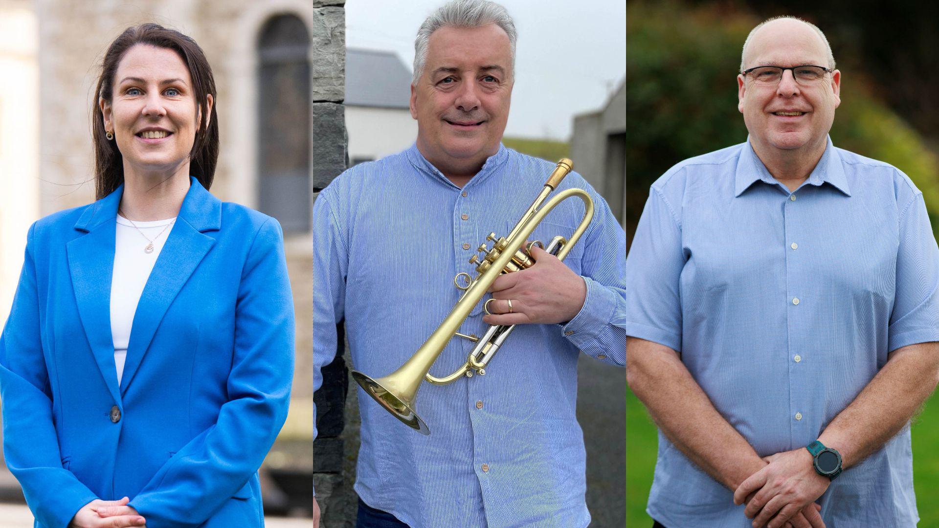 A collage of three people. The first is Joanne Marie Fitzpatrick, wearing a blue jacket with her hands clasped in front of her. The second is Dr Linley Hamilton, wearing a blue shirt and holding a trumpet. The third is Ivan Black, wearing a blue shirt and his left hand is holding his right wrist.