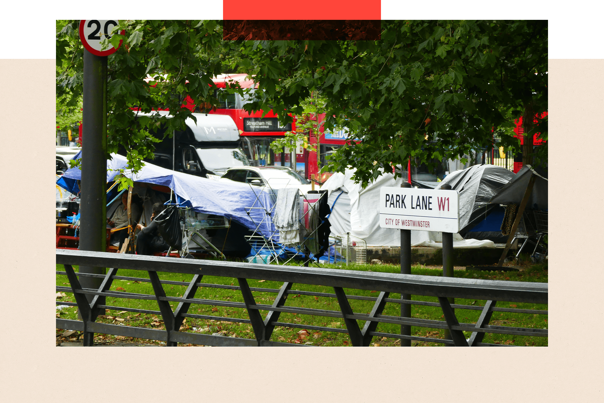 An encampment of tents on Park Lane in London 