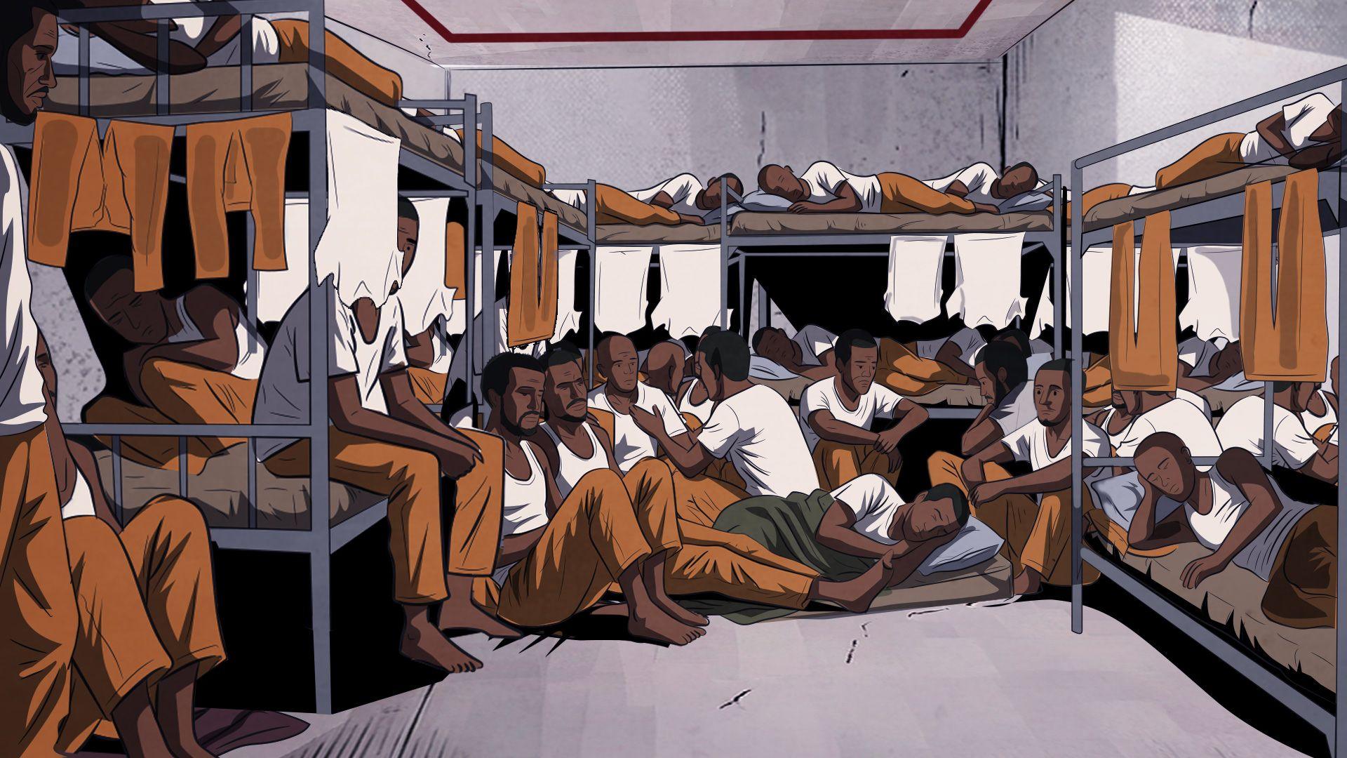 An illustration of a crowded cell with cramped bunk beds and prisoners sitting on the floor. They are wearing white T-shirts and orange trousers.