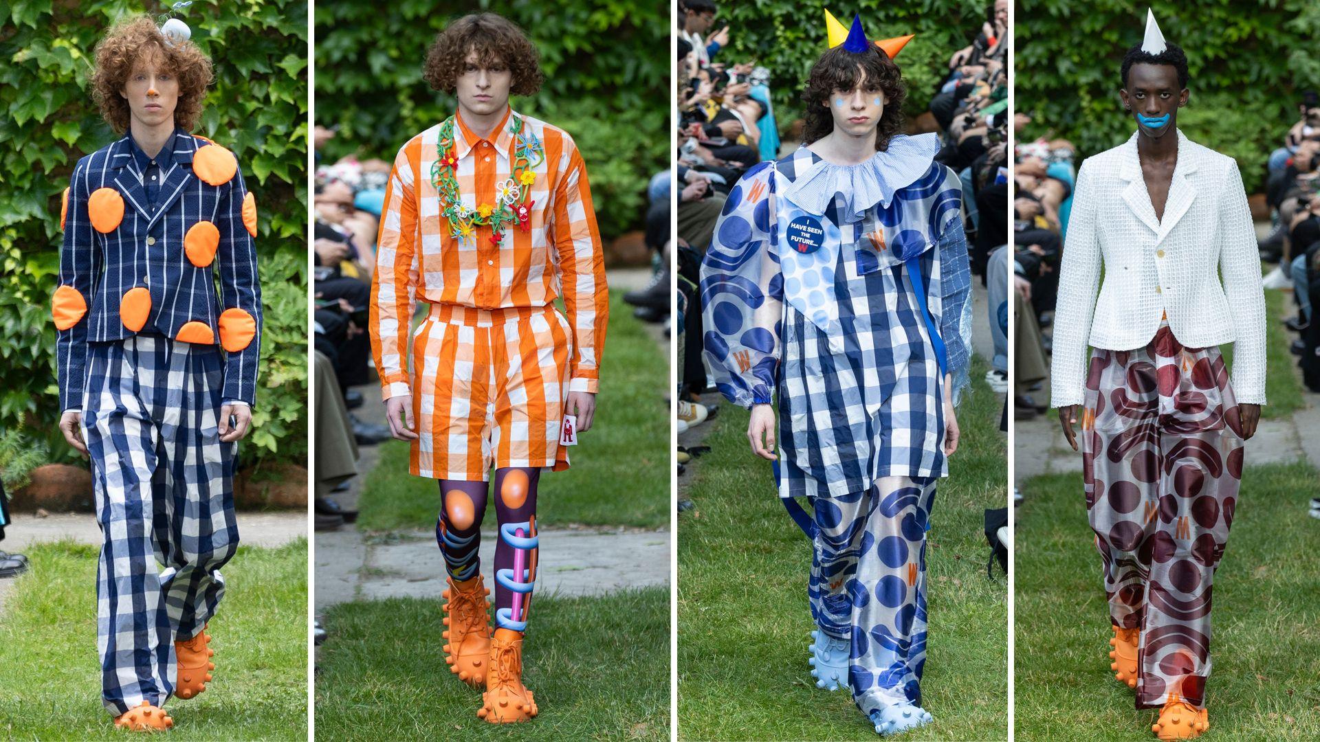 models wearing clown-like outifts