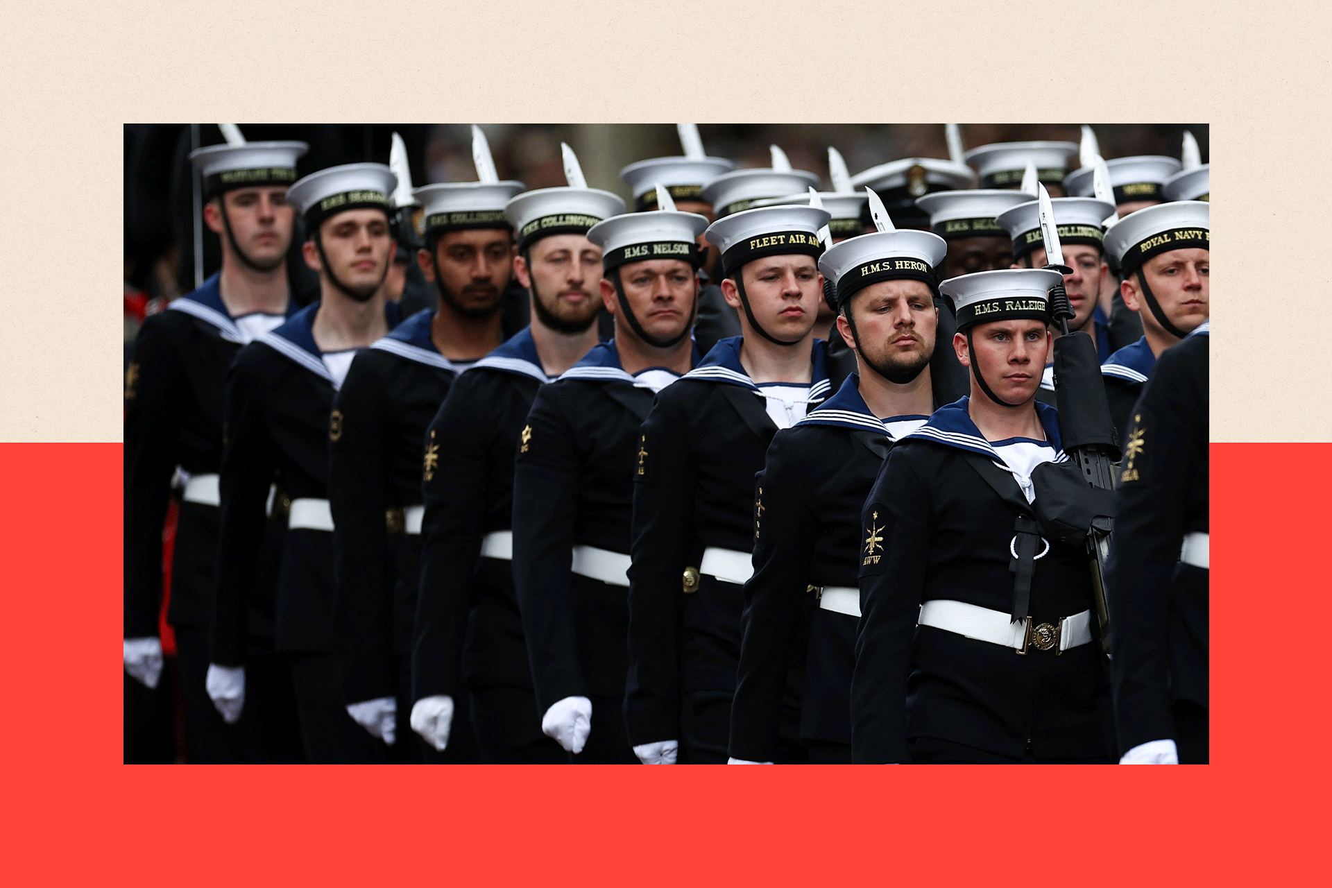 Members of the Royal Navy during a military procession marking the 80th anniversary of VE Day