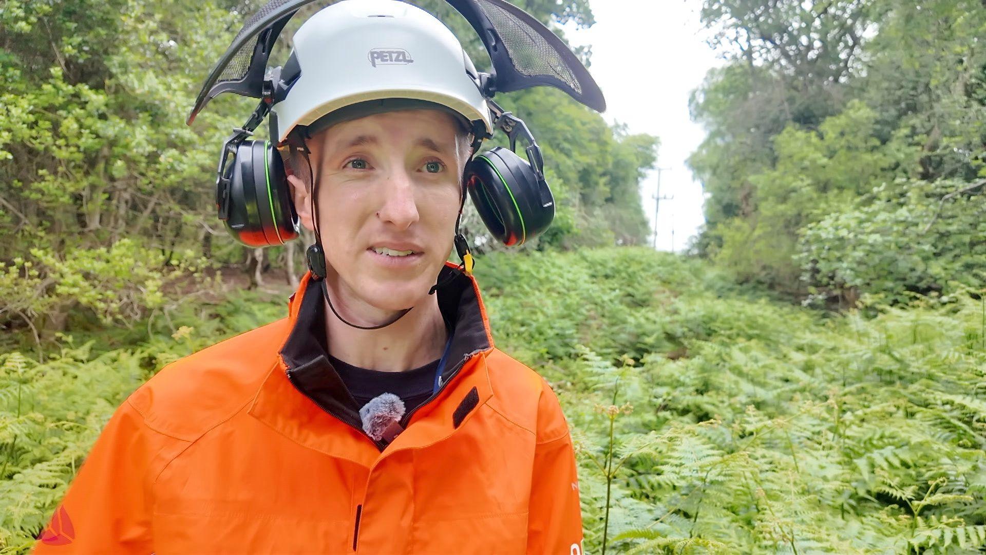 A tree surveyor wearing a white safety helmet with visor and ear defenders stand under power lines surrounded by trees
