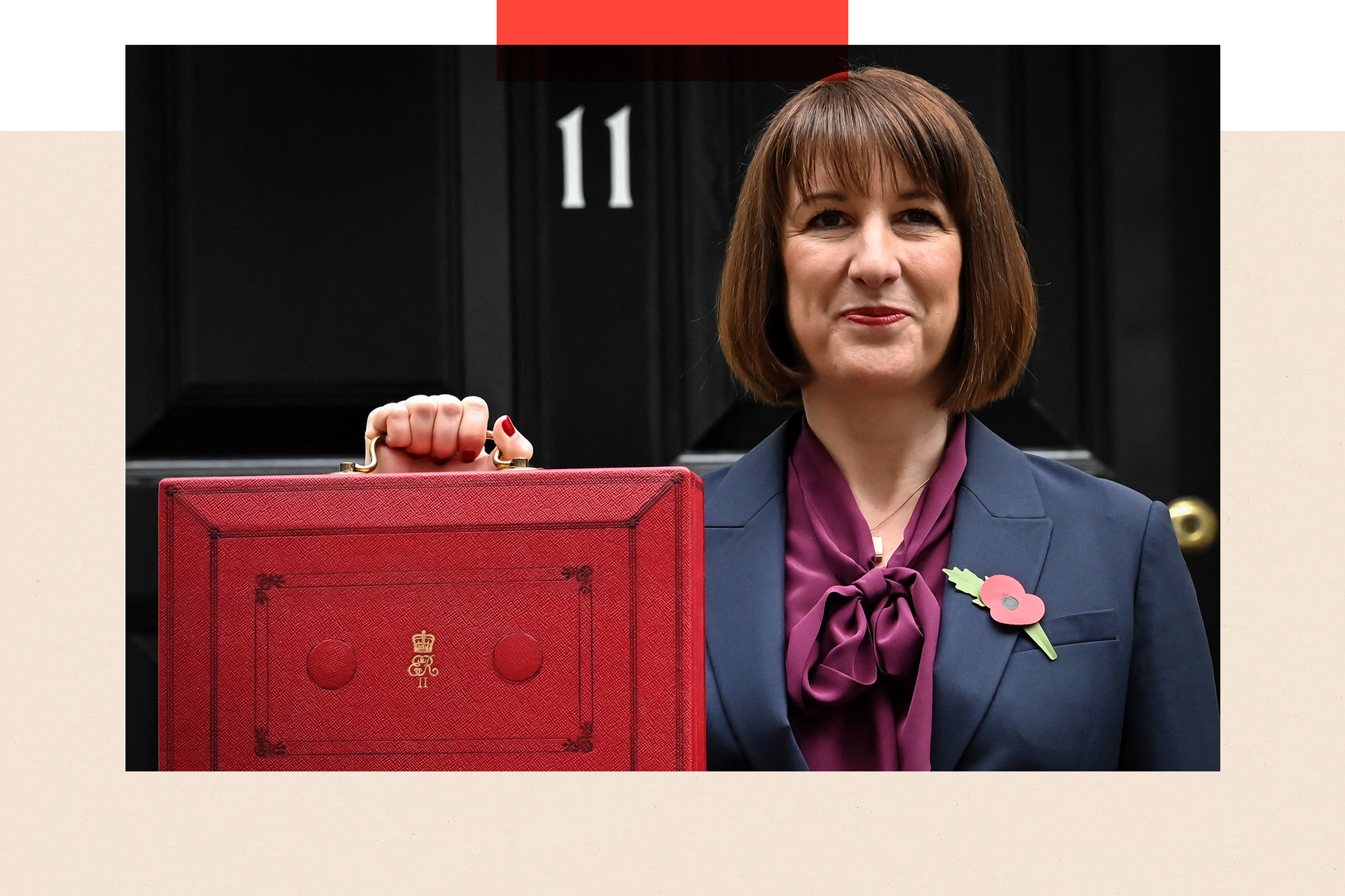 Rachel Reeves poses with the red Budget Box as she leaves 11 Downing Street,