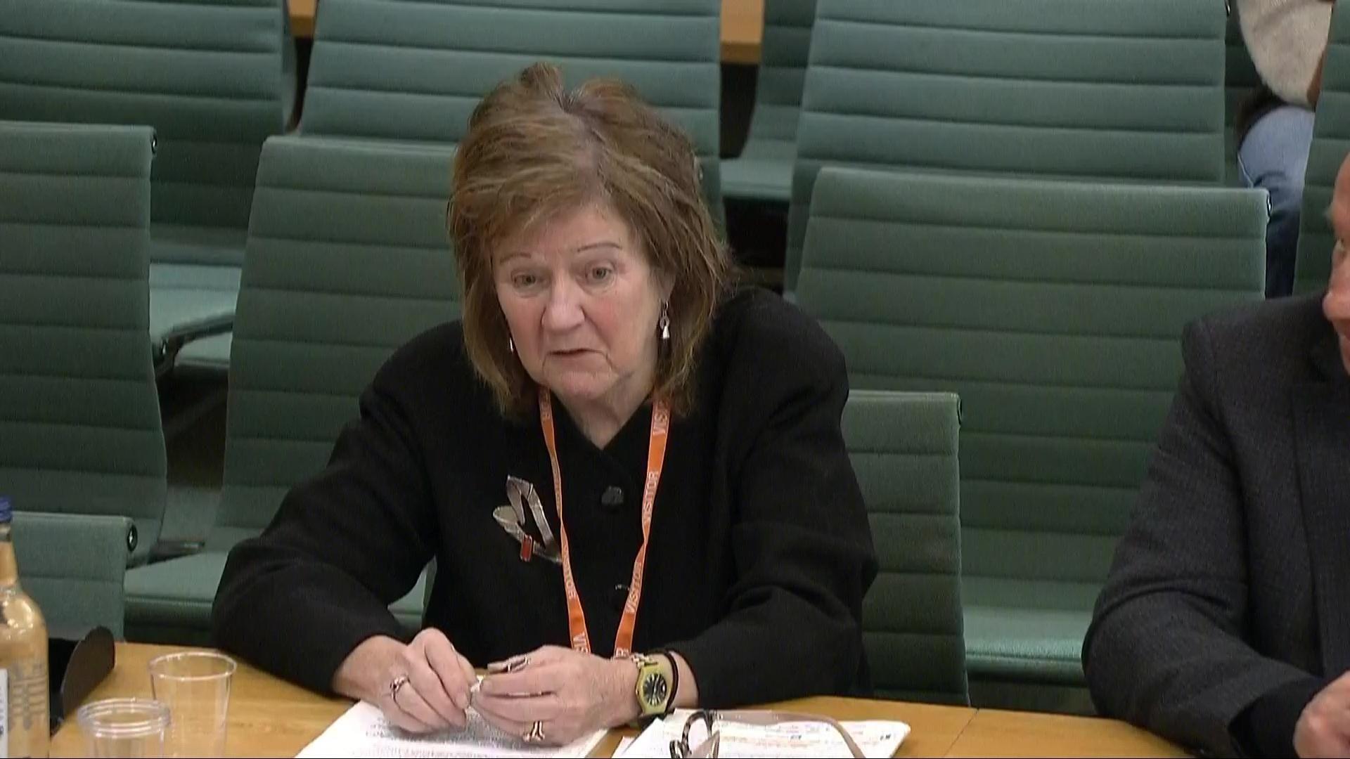 Prof Alexis Jay  wears a black jacket and orange lanyard,  and is seated on a green chair in front of a table as she gives evidence to the Home Affairs Committee 