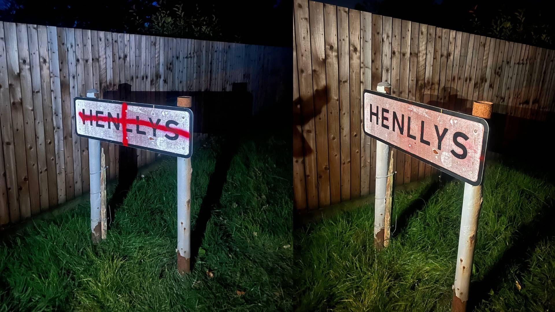 Photograph shows a street sign which reads "henllys". The left image shows St George's cross through the centre of the sign, while the right shows the sign without the cross. Behind both signs is a wooden