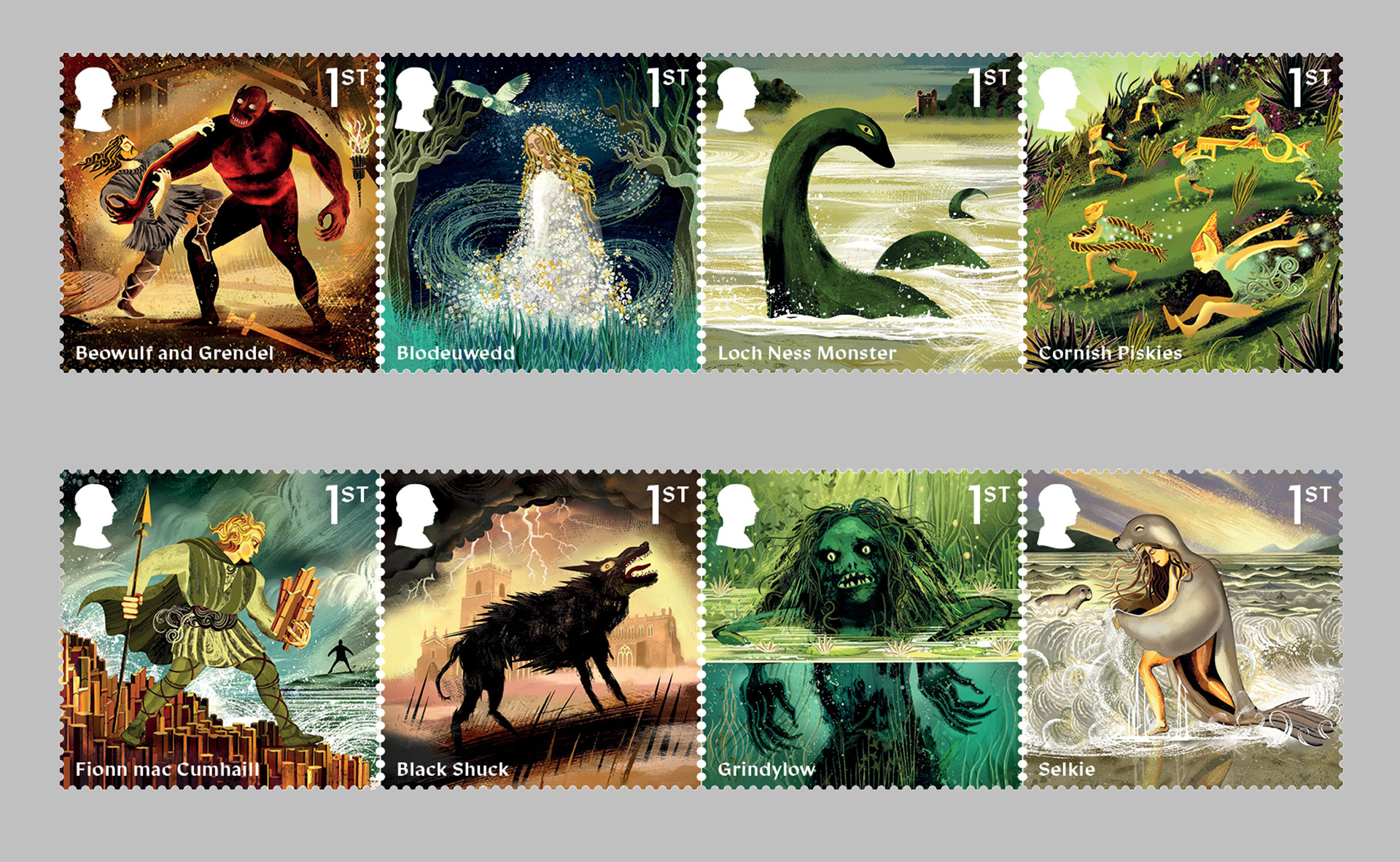 Set of eight stamps depicting different mystical creatures and figures from UK folklore