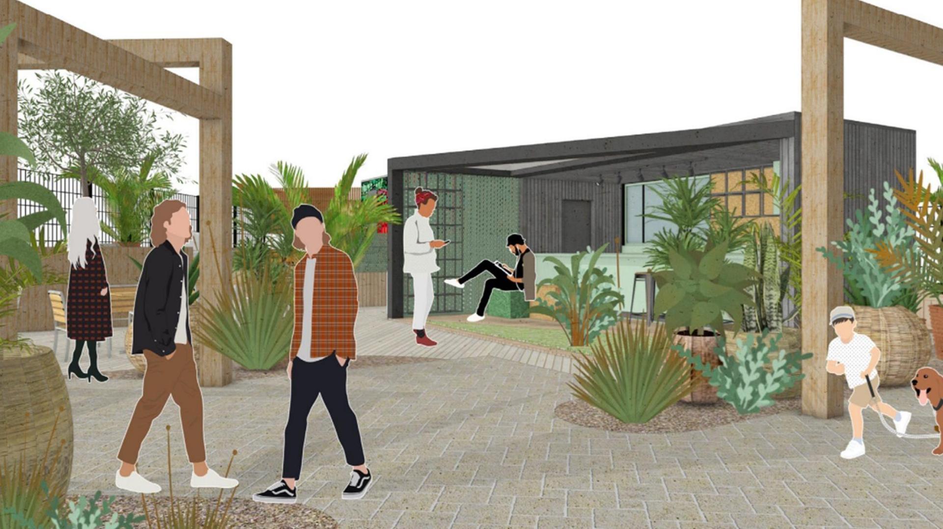 An artist's impression of a potential street food area in Bradford, with the drawing including people exploring a paved area with some landscaped garden elements.