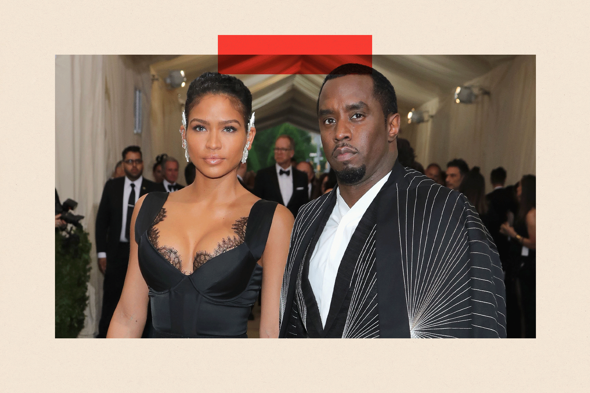 Sean "Diddy" Combs attending a gala with Cassie. Both wear formal black outfits and look serious