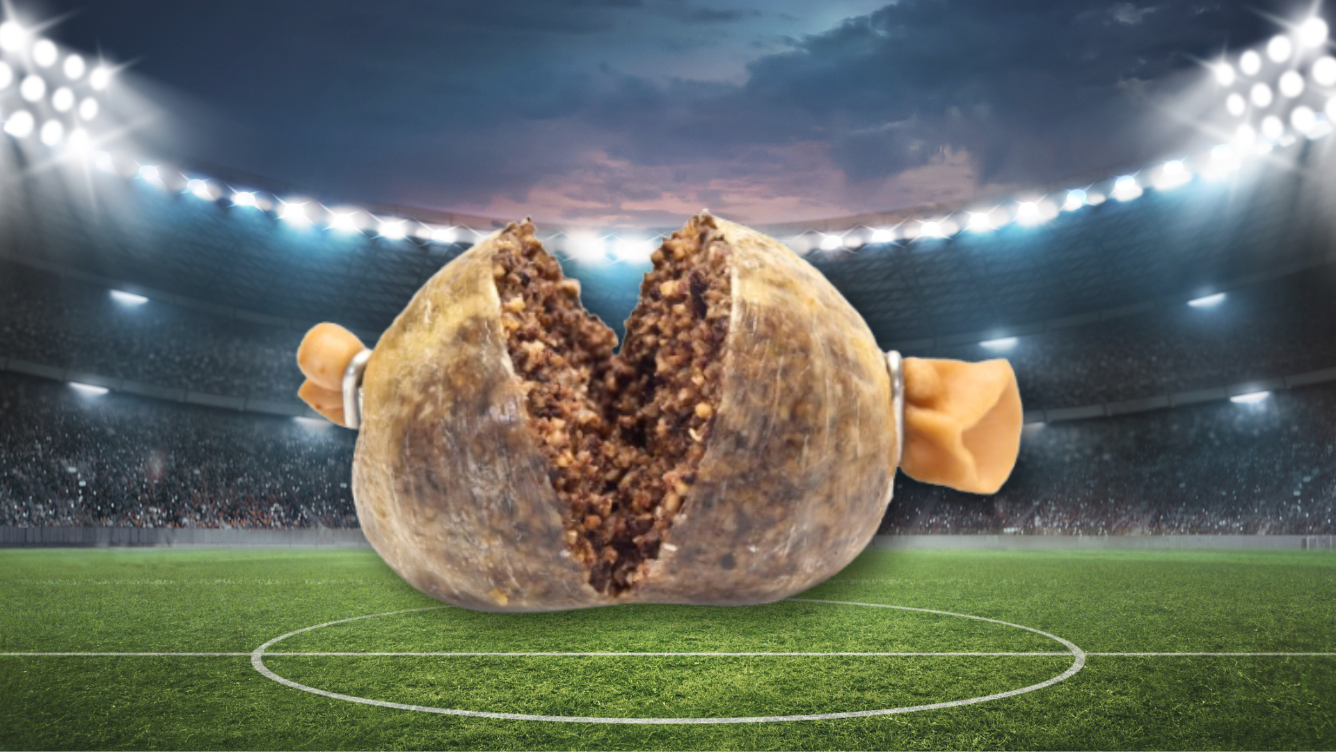a big haggis on a football pitch.