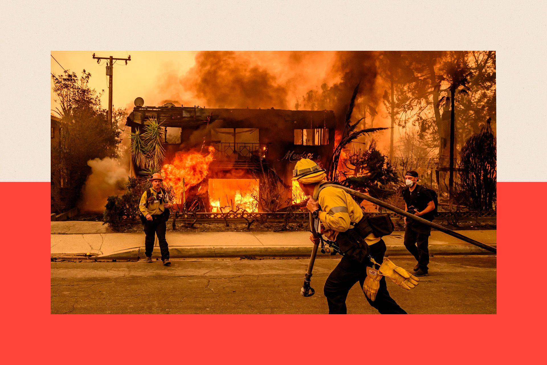 Firefighters in front of a burning house