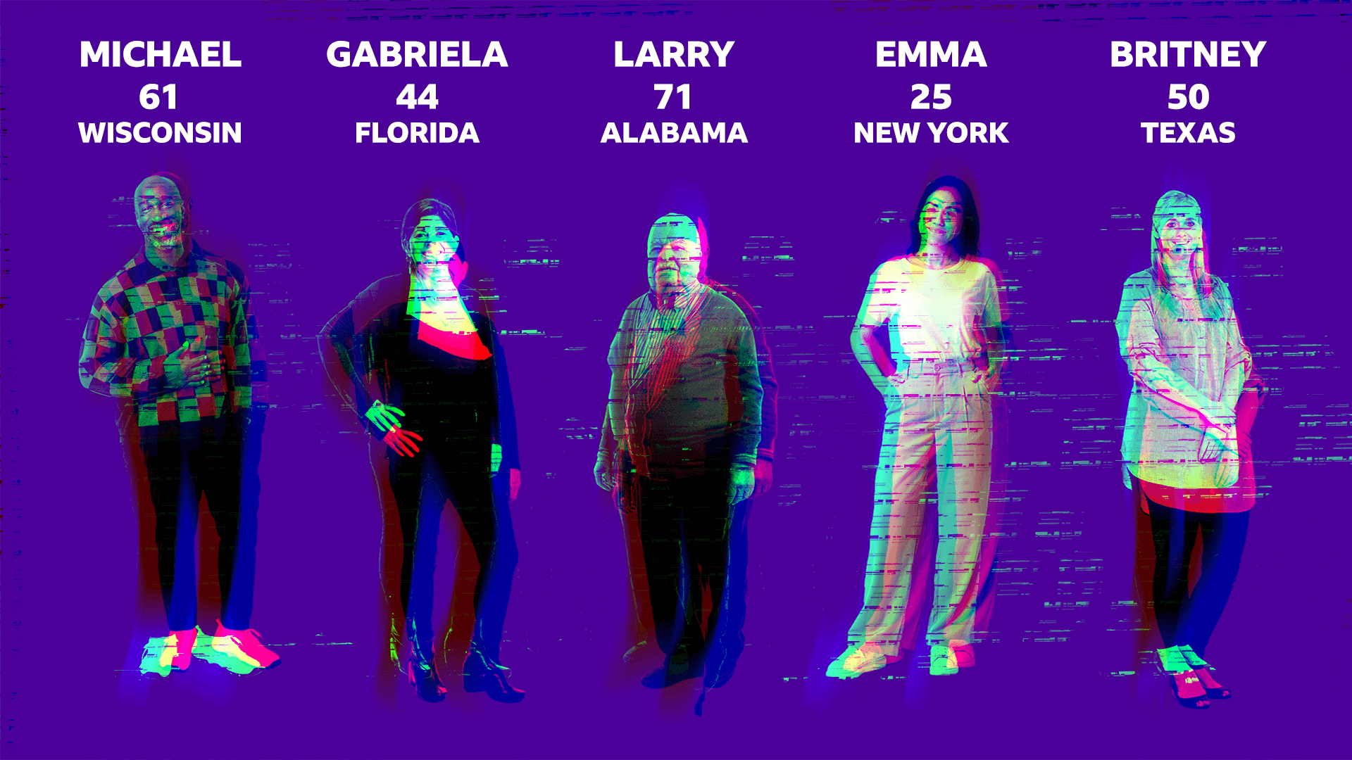 Graphic of undercover voters:
Michael, 61, Wisconsin
Gabriela, 44, Florida
Larry, 71, Alabama
Emma, 25, New York
Britney, 50, Texas