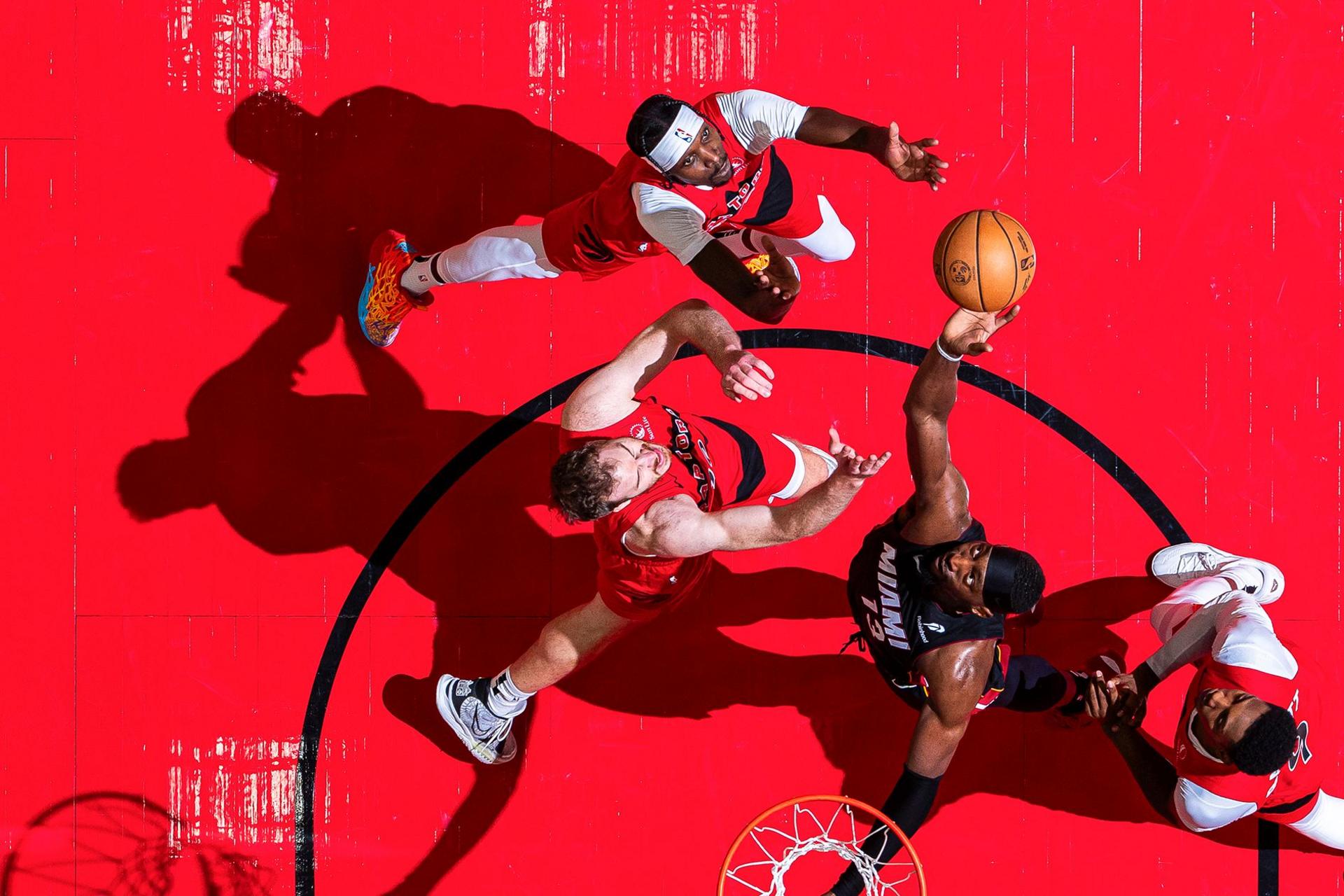 Bam Adebayo of the Miami Heat rebounds the ball during the game against the Toronto Raptors at the Scotiabank Arena in Toronto, Ontario, Canada.