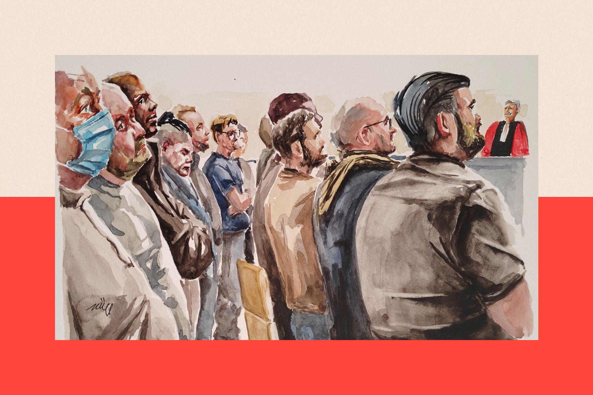 A courtroom sketch of some of the defendants in the trial