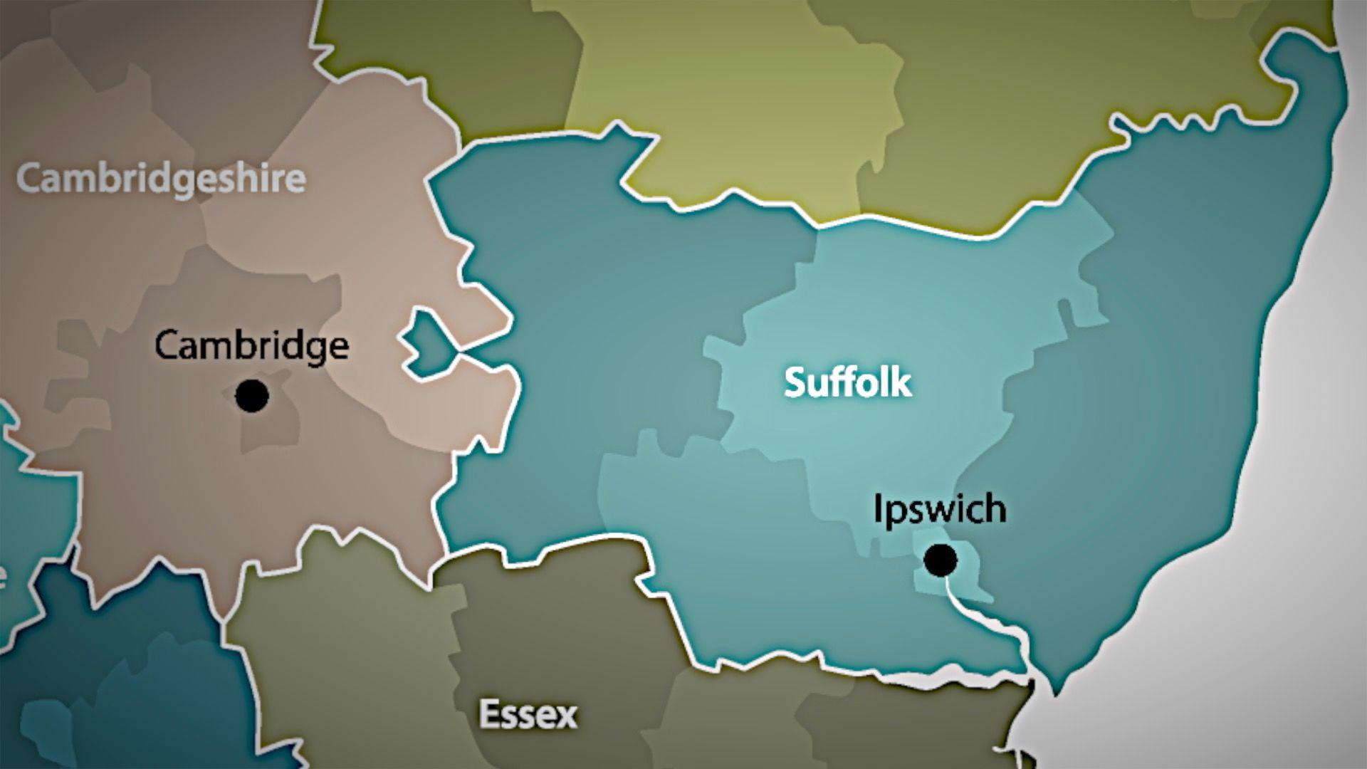 A map of Suffolk and surrounding counties.