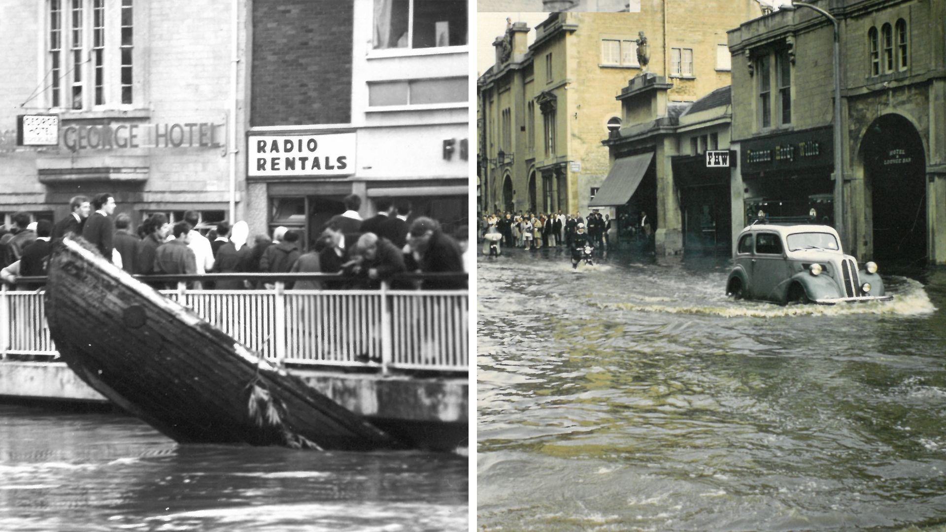 A collage of two black and white images showing a flooded Chippenham town centre in the 1960s. In one image a car is seen driving through the floods, and in the other, a wooden boat is floating on the water touching the bridge above it with people standing on the bridge looking down to see.