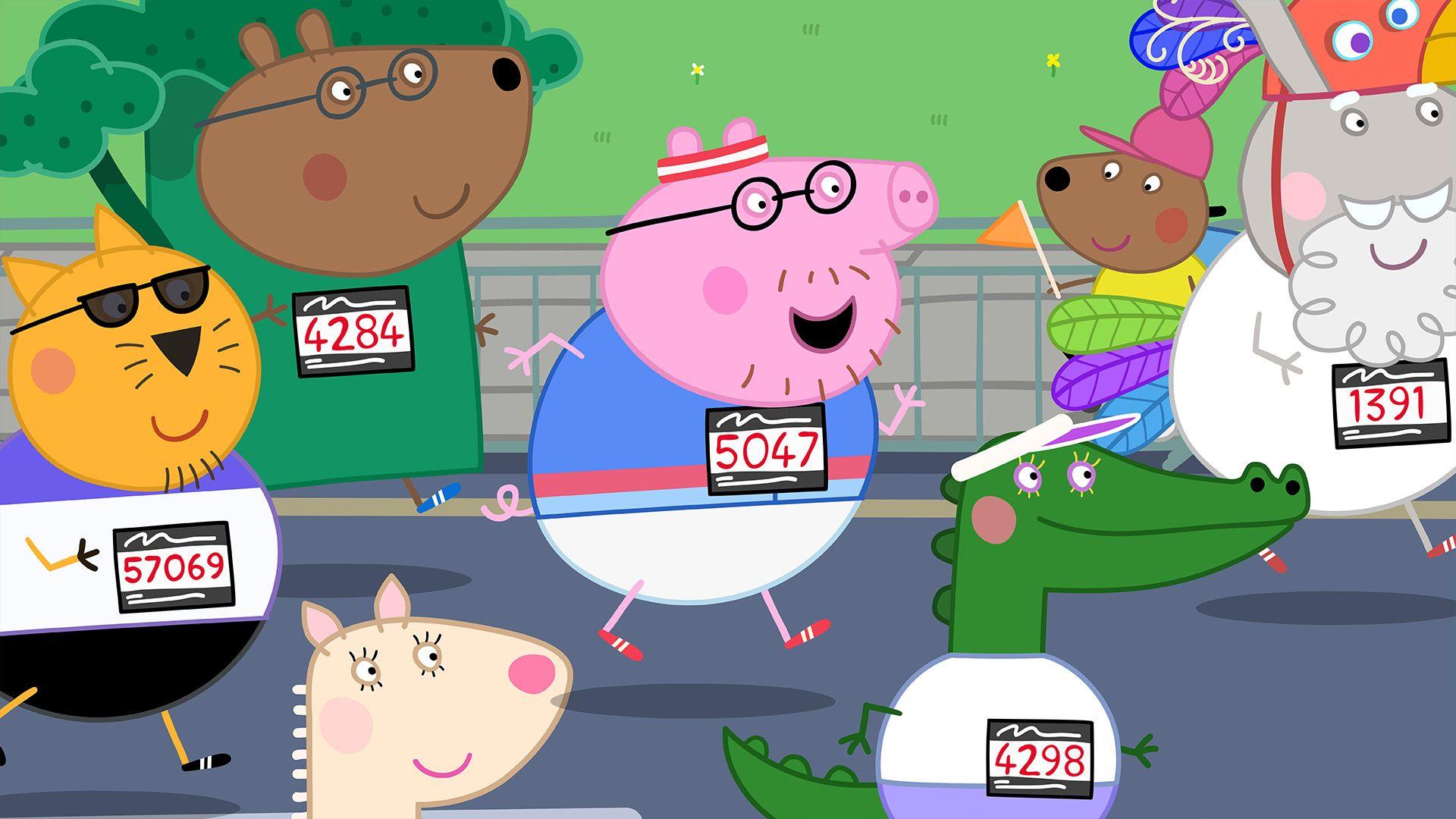 Daddy Pig wears a running vest, shorts and trainers, He is smiling as he runs alongside lots of other animals. He's wearing a running bib with the number 5047 on it.