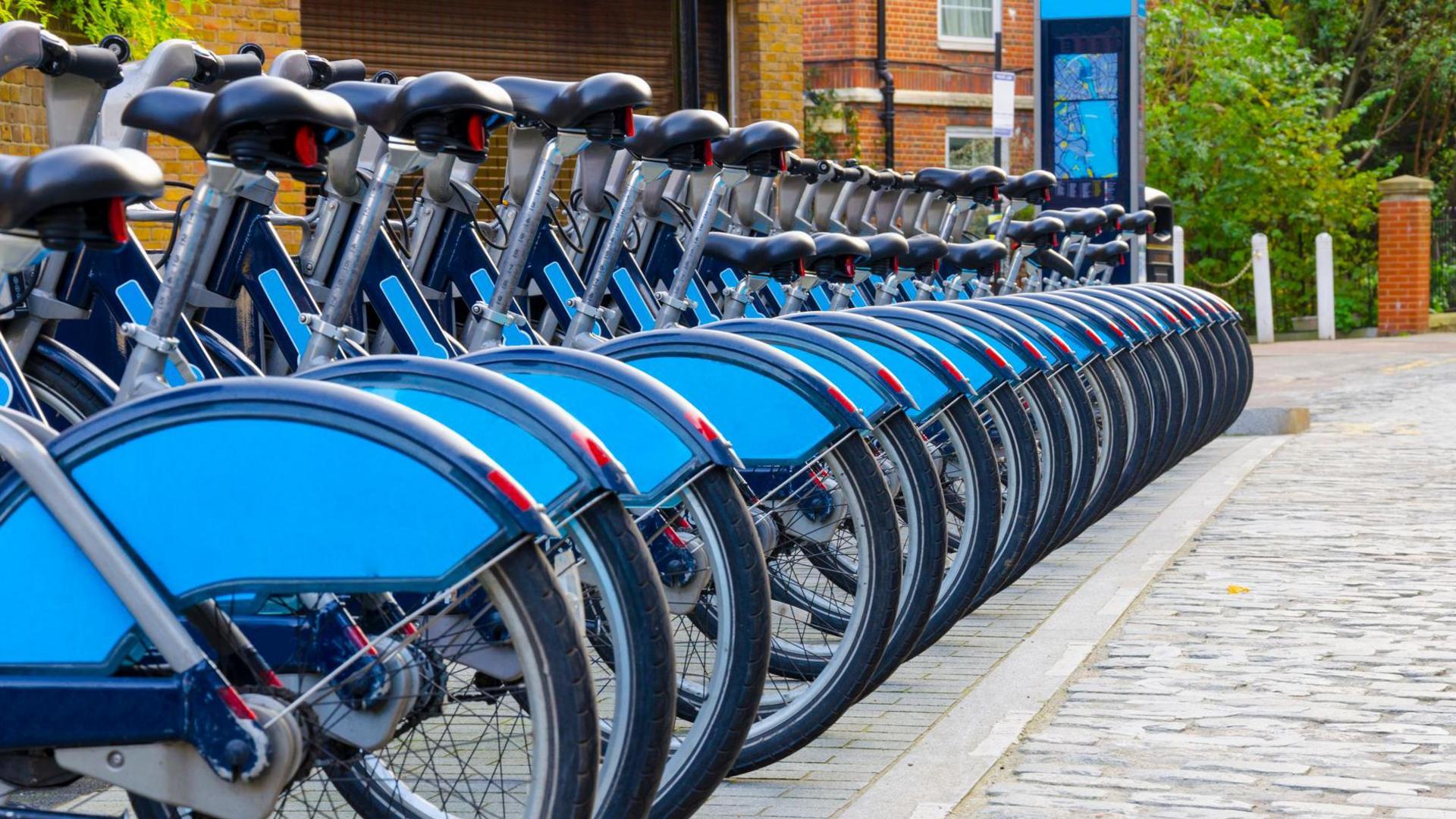 A row of hire bikes lined up. The bikes all have silver handlebars and dark seats and blue mudguards over the back wheel. They are sitting on a grey pavement with a green tree and an orange wall post in the background.