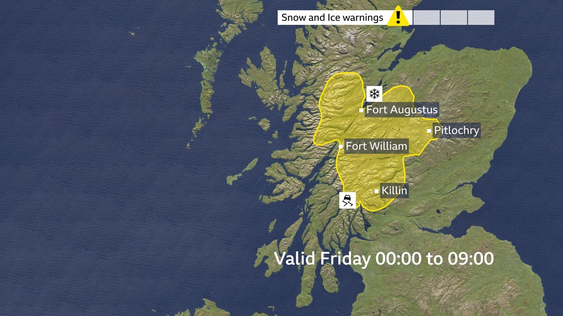 Map of Scotland showing the area being warned of for snow and ice hazards through Thursday night and through the Friday morning rush.