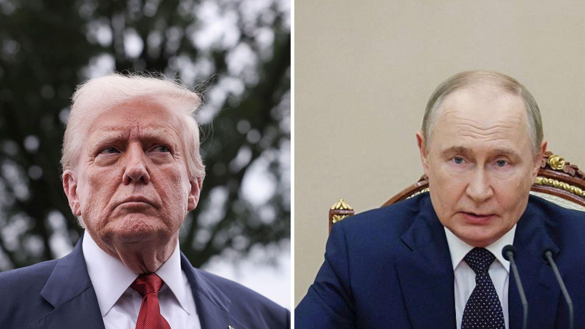Split screen with Donald Trump (L) and Vladimir Putin (R)