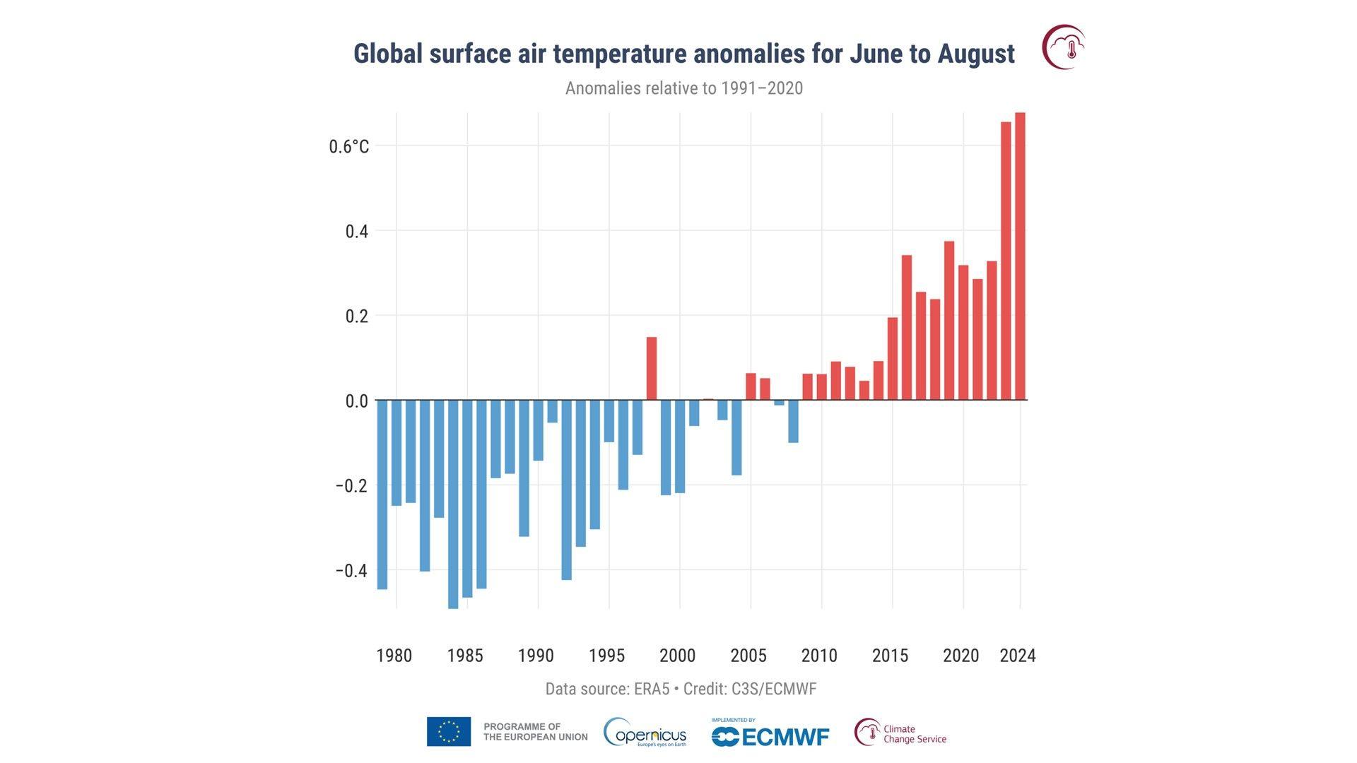 Bar graph showing global surface air temperature anomalies relative to the 1991-2020 average for June to August for each year from 1980 to 2024, with an upward trend from below -0.4C to above 0.6C. 