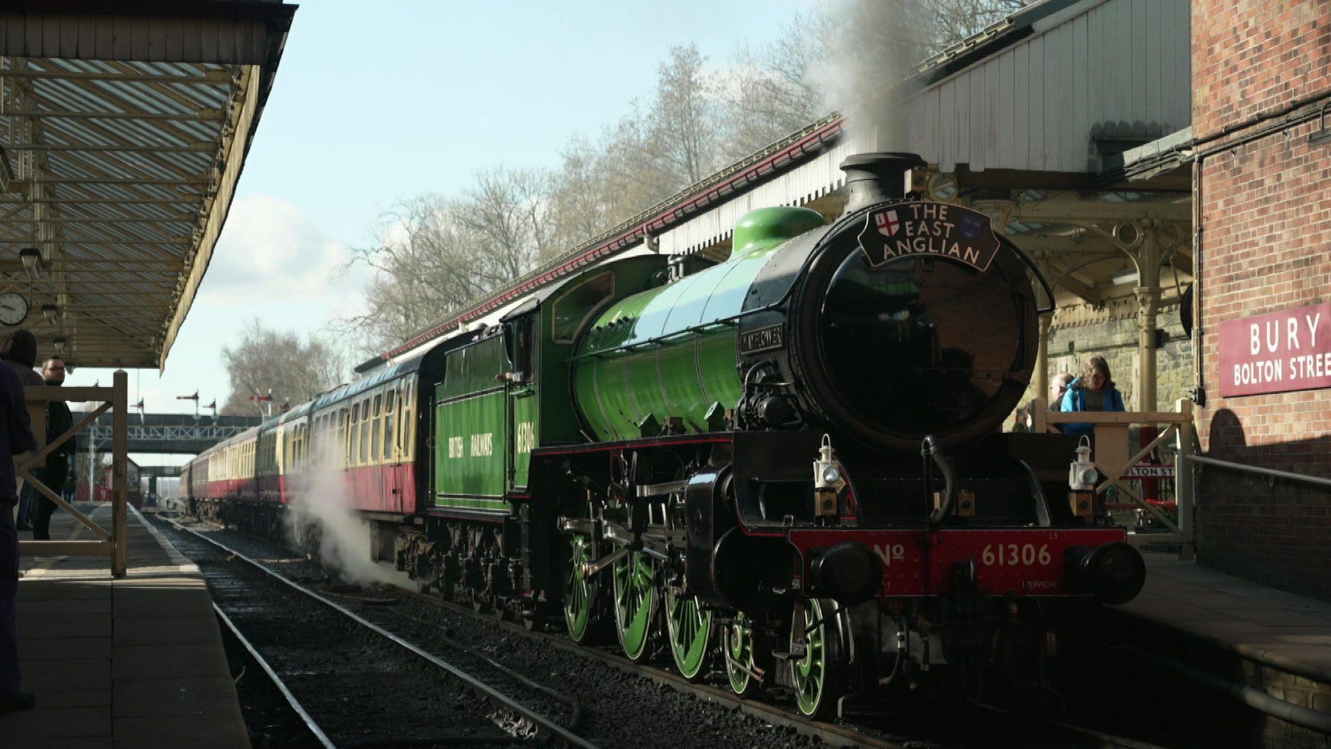 A preserved steam locomotive named The East Anglican at Bury Bolton Street railway station