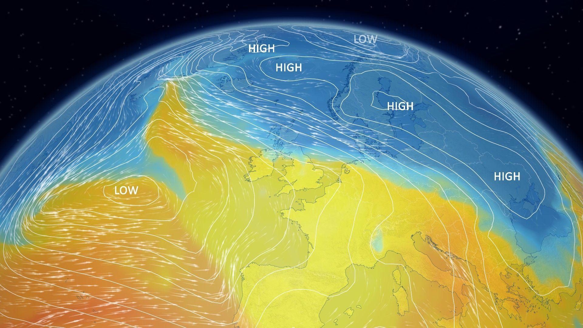 Map of Europe with high pressure depicted in blue over Scandinavia and eastern Europe. Low pressure is in yellow over south-west Europe and across some of the UK