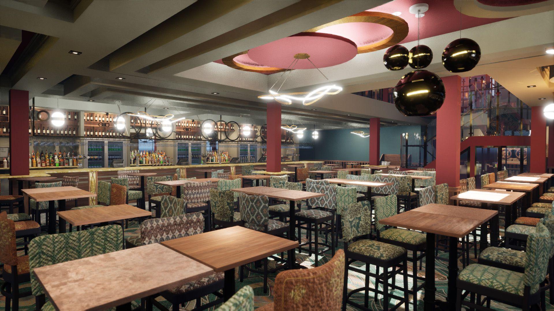 An artist's impression of the inside of the pub, showing a big, brightly-lit open space covered in tables and chairs