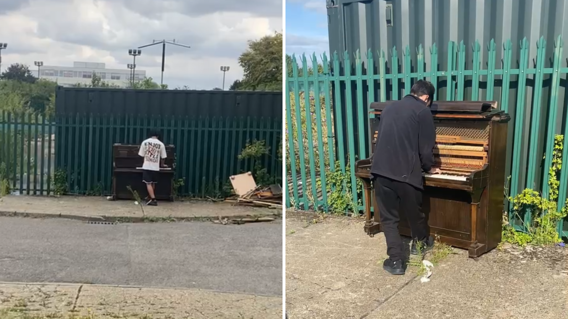 Two still images of boys with their backs to camera playing a piano up against a green fence. Some other rubbish is visible in the first picture (on the left).