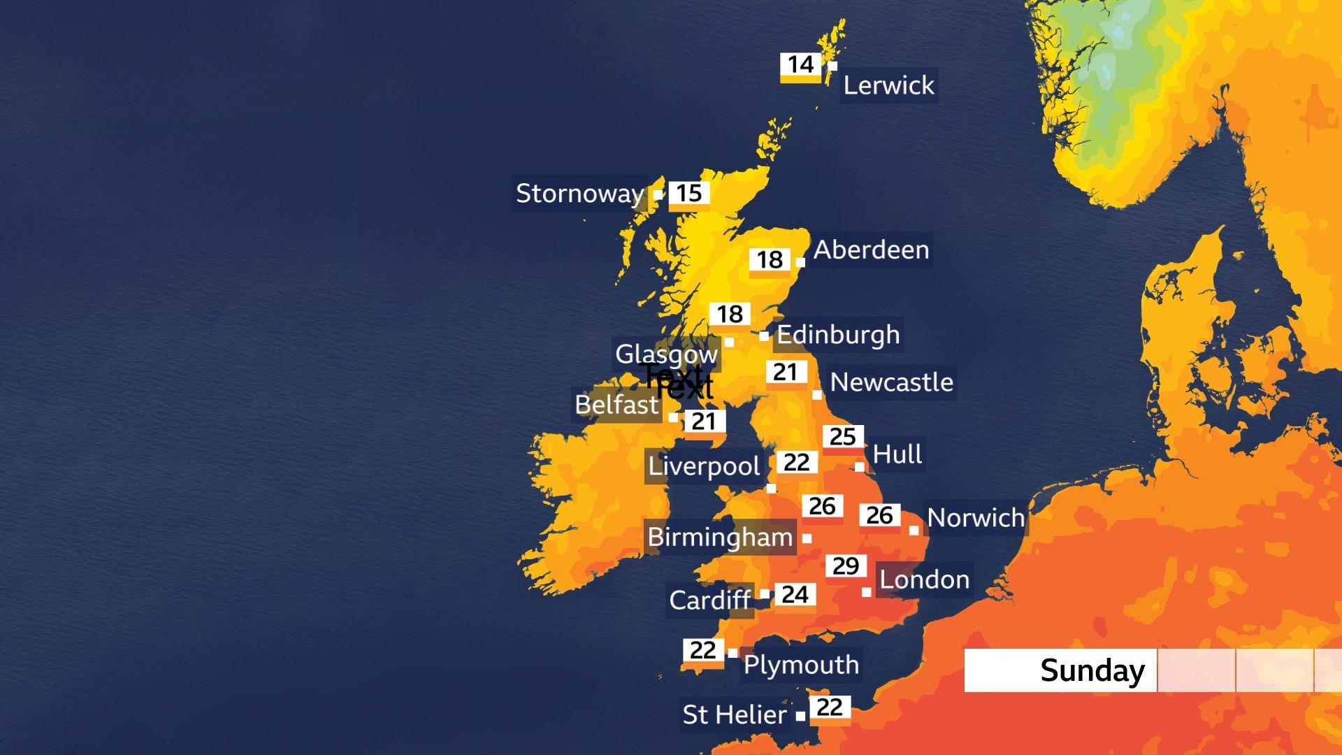 BBC Weather graphic showing Sunday's maximum temperatures in various cities across the UK.