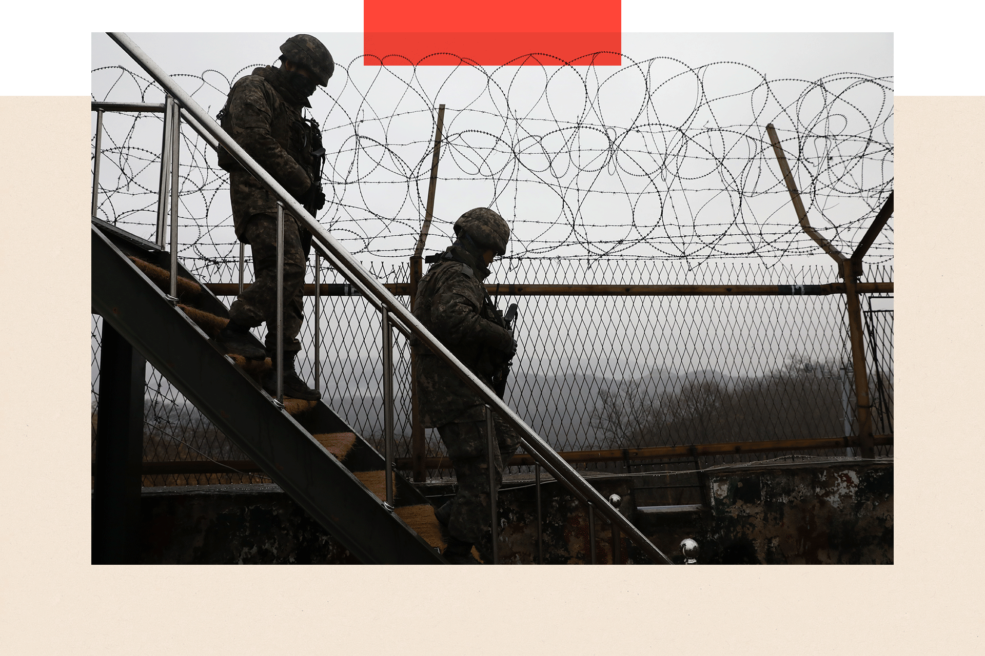 South Korean soldiers patrol at a border guard post